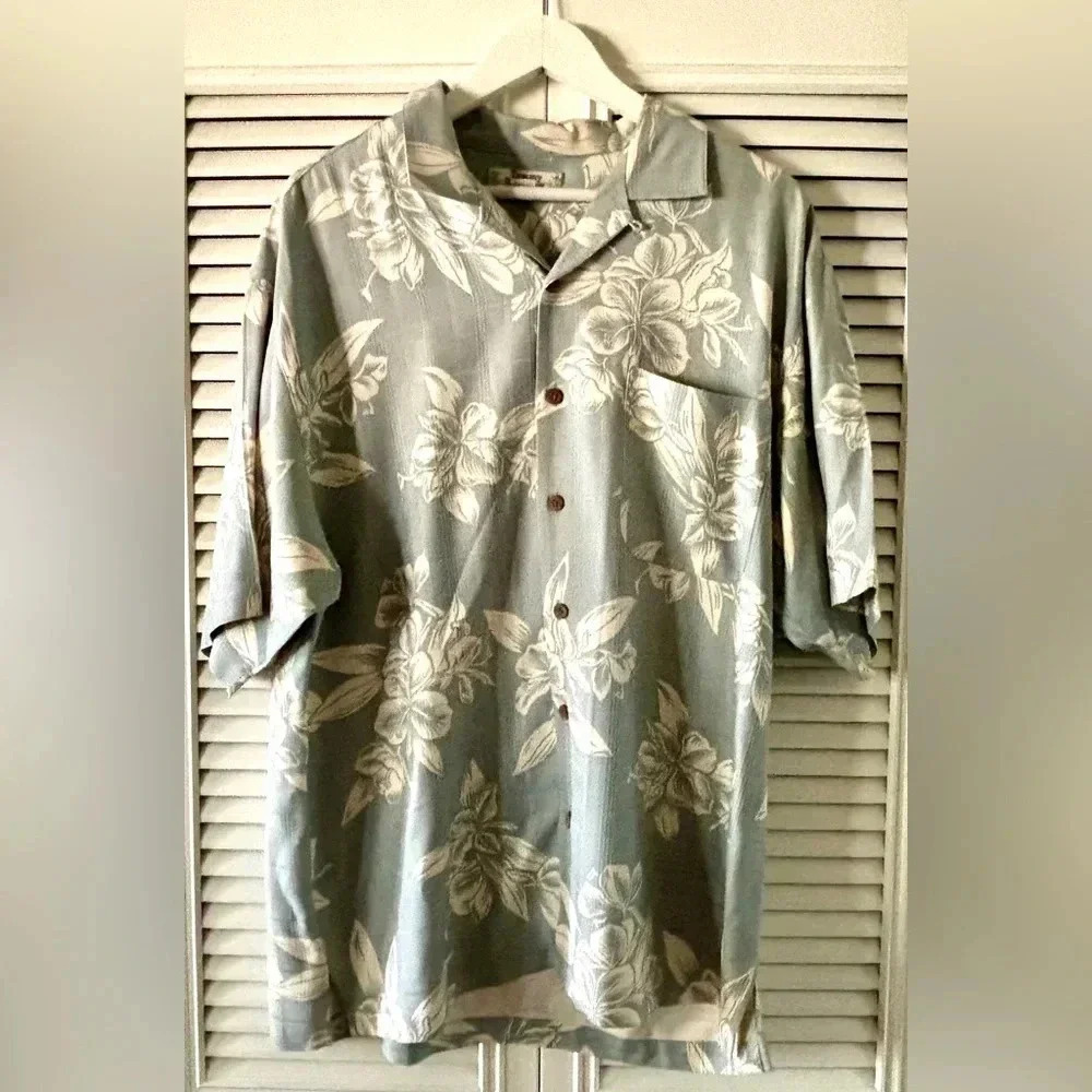 Tommy Bahama Men’s Silk Floral Short Sleeve Button Up Shirt Green/Blue Wht SZ L